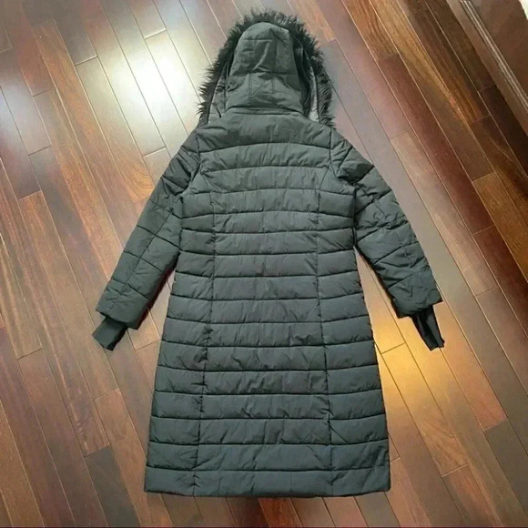 Bebe Long Quilted Winter Puffer Coat Faux Fur Trim Hood Black Size Large - Picture 9 of 16